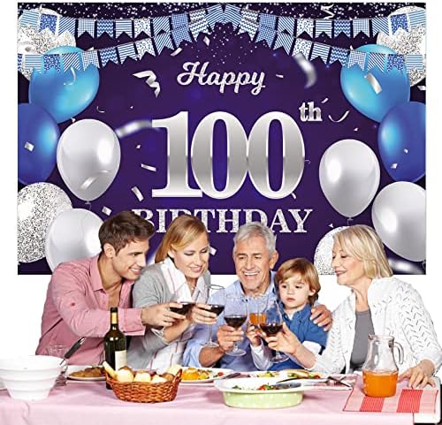 С 100-Годишнината Банер на Фона на Тъмно-Сини Балони В Ивица с Конфети Флаг Светлинни Петна Поздрави 100-Годишен Тематичен Бижутата Декор за Жени, Мъже 100-годишнината н