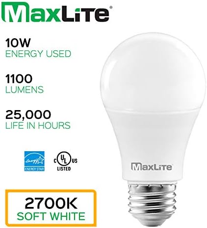 Led лампа MaxLite A19, предназначена за закрит лампа, еквивалент на 75 W, 1100 лумена, с регулируема яркост, Средна база E26, мек бял цвят 2700 К, 4 референтна рамка (4 опаковки) ...