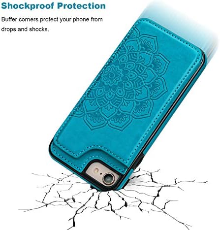 Чанта-портфейл Vaburs за iPhone SE (2022)/SE (2020)/8 / 7 с държач за карти, Релефни Цветен модел на Мандала. Премиум-клас Изкуствена кожа с Двойни Магнитни копчета, Панти устойчив на удари Защитен калъф 4.7 инча (син)