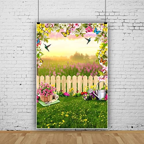 На фона на Пролетното градина Yeele 8x10ft Фон за Снимки на Пролетта е Великден Зелена Трева Морава Пъстри Цветя, Пеперуди Фон За Дървена Ограда Подпори За Портрет На Рожден Ден на момиченце