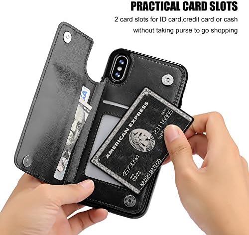 Чанта-портфейл за iPhone Xs iPhone X с държач за карти, калъф-поставка от изкуствена кожа Премиум-клас OT ONETOP с отделения за карти, Двойна магнитна закопчалка и здрав, устойчив на удари калъф (черен)