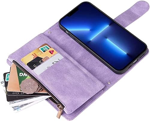 Чанта-портфейл HAODEE за iPhone 13 Mini, Кожен калъф Premium с 9 отделения за карти, Магнитна поставка за телефон с панти капак и шейным каишка, верижка през рамо за iPhone 13 Mini (Цвят: черен)