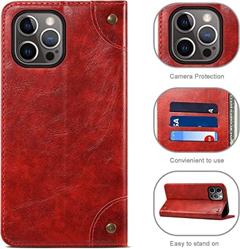 Чанта-портфейл KOSSMA за iPhone 14 Pro Ретро Флип калъф от Изкуствена кожа Премиум-клас с държач за карти, Поставка със силна Магнитна закопчалка, Защитен калъф за iPhone 14 Pro (Цвят: червен)