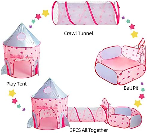 Играчка за домашни любимци Piggy Пу Crew Rocket с Изскачащ тунел и Палатката и 50 Топки за игра на топка (Розов)