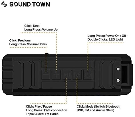 Sound Town 2 комплекта на преносими високоговорители TWS Bluetooth X8, водоустойчивост IPX7, стереозвук, led подсветка, вграден микрофон за телефонни разговори и захранване на батерията, за дома и на улицата, черен