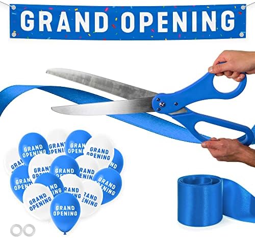 Комплект за церемонията по Рязане на ленти hotel & spa, Гигантски Ножици 25 см със синя сатенена панделка, Банер Официалното откриване и балони - Тежки Метални Ножици за с