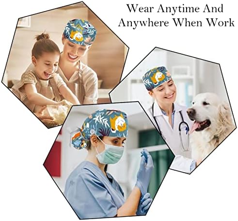 Медицински Шапки за жени с Бутоните за дълга Коса, Регулируема Работна Шапчица от 2 Части, Синя на Кучето Животно