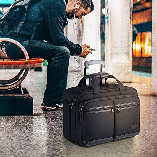 Чанта за лаптоп на колела KROSER, чанта за количка премиум-клас, с Капацитет до 17.3-инчов Лаптоп, Водоустойчива Чанта за компютър на колела за една нощ с RFID-джобове за пътуване / бизнес / мъже / Жени-Черен