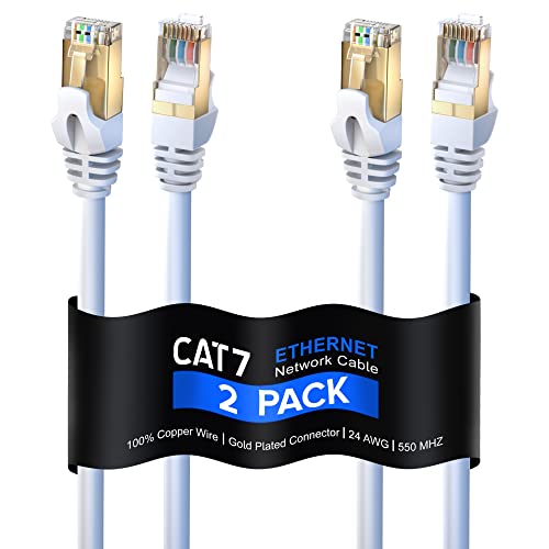 Кабел Cat 7 Ethernet с дължина 1 метър - кабел за високоскоростен Интернет и локална мрежа, конектори RJ - 45 [1 фут / Бял / 2] - идеален за игри, стрийминг и много други!