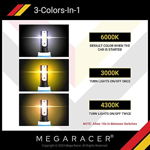 Led лампа за фаровете Mega Racer 9005/HB3/9145/H10, 3 Сменяеми цветове на Сменяеми лампи (6000 До бриллиантово-бяло, 3000 До златисто-жълто 4300 К-топло бяло), 50 W 8000 Лумена, led чипове IP68, опаковки от 2