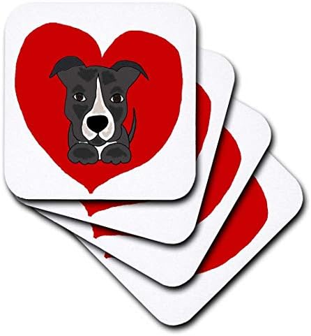 3dRose CST_201822_1 Забавни Сиво-бели, Меки подложки за малки кученца Питбуля и Червено Сърце Love (комплект от 4 броя)
