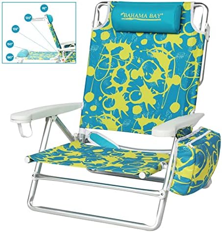 Стара Багамский залив, Спускащите се Плажен стол, Раница, 5-Позиция Шезлонг за възрастни, Тежкотоварни Преносим Сгъване, Лека с чанта-хладилник, Походный стол за пясък на открито, Зелен