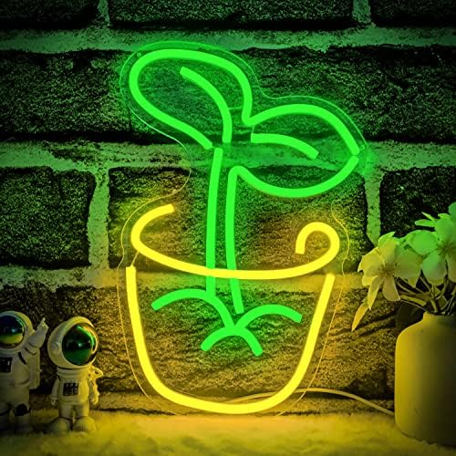 OvoNinn Завод Неонова реклама Растение В Саксия Неонови Светлини Означения Димиране Зелен Лист Led Неонови Надписи Светещи Надписи за Декора на Стените Спалня, Детска Стая, нощна светлина, захранван от USB Подарък за