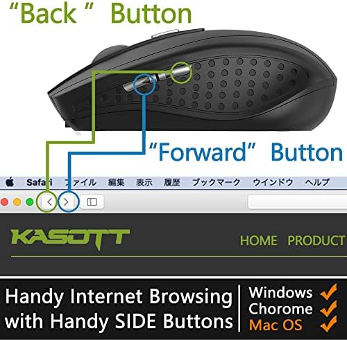 Безжична мишка KASOTT Bluetooth, Ергономична Безжична Компютърна Мишка 2,4 G с регулируема резолюция от 2500 dpi, 6 Бутона, Безжична Тиха Мишка с USB приемник и адаптер Type C за преносимите КОМПЮТРИ Mac MacBook (Черен)