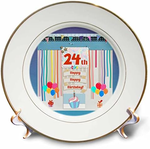Триизмерен образ на етикет на 24-ти рожден ден, Торта, Свещи, балони, подаръци, Серпентина - Чинии (cp_359184_1)