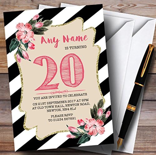 Черно-Бели Райета Розови Флорални 20-те Персонални Покани на парти в чест на рождения Ден