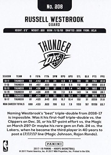Баскетболно карта Ръсел Уэстбрука 2017 2018 Панини Hoops #208 Mint Oklahoma City Thunder
