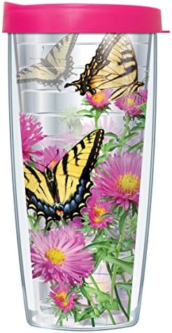 Маркови чаши с пеперуди от тигрового Ласточкиного опашката на розови маргаритках, Увити в Прозрачен пътна чаша с двойни стени, с тегло 16 грама и ярко-розова капачка Лесно Sip