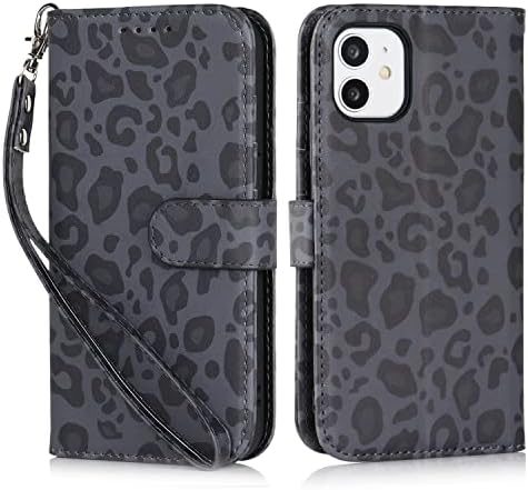 iCoverCase е Съвместим с iPhone 11, чанта-портфейл с държач за карти и каишка за китката, поставка от изкуствена кожа, Магнитна Защитно флип-надолу капак, калъф 6,1 инча (черен леопард)