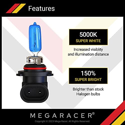Халогенна крушка за фар Mega Racer 9005/HB3 - Супер Бял, 5000 До 12 65 Watt, Ксенон, на База P20d, клас на водонепропускливост IP68, Автомобили Замяна на лампата за дългите светлини, 2 бр.