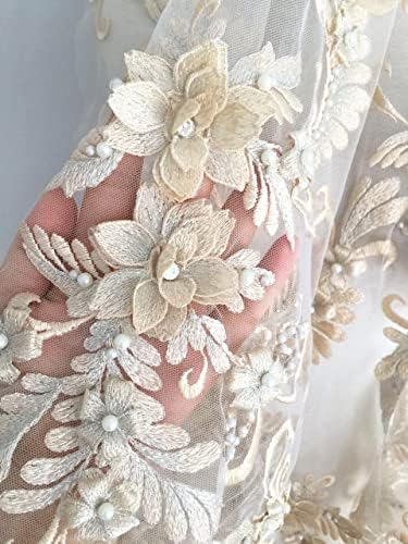 Лейси Плат Pumfabric за сватба, Луксозни Лейси Плат с 3D Перлата на Перли, Бродерия на Цветя, цвят Шампанско, висшата мода, Плат за Сватбена Рокля за Младоженци