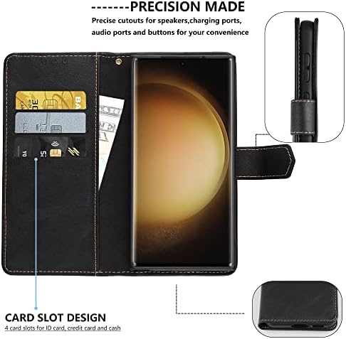 Чанта-портфейл Kedoo за Samsung Galaxy S23 Ultra с държач за карти, отделение за карти с RFID заключване от изкуствена кожа флип-надолу капак с поставка, черен.