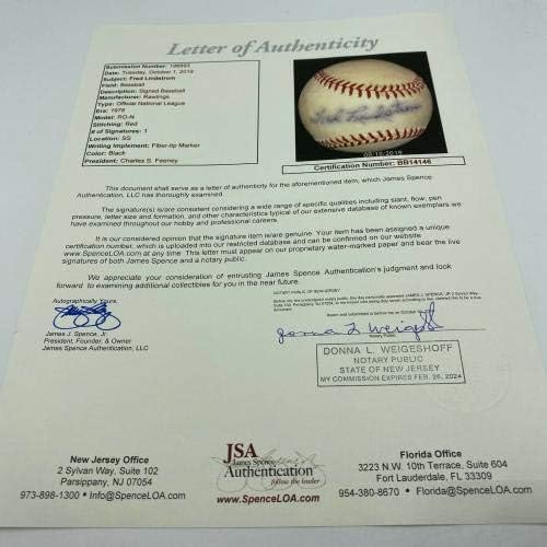 Фреди Линдстрьом Подписа Сингъл на Националната лига бейзбол Фини JSA COA - Бейзболни топки с автографи