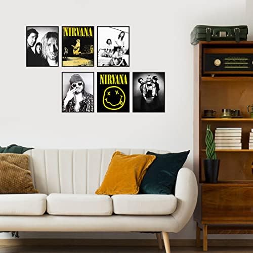 снимки Плакат на Nirvana - 6 бр., 8x10 инча, безрамный музика ретро, рок, начало декор, група, естетичен декор за хола-Естетика Фенове от мъжки Пол, Бял