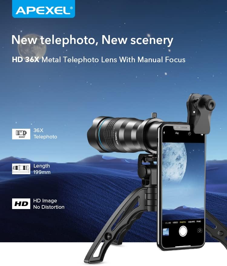 Телеобектив Apexel Висока Мощност 36X HD със Статив за телефон за iPhone Samsung One Pixel Plus Закрепване на обектива Huawei